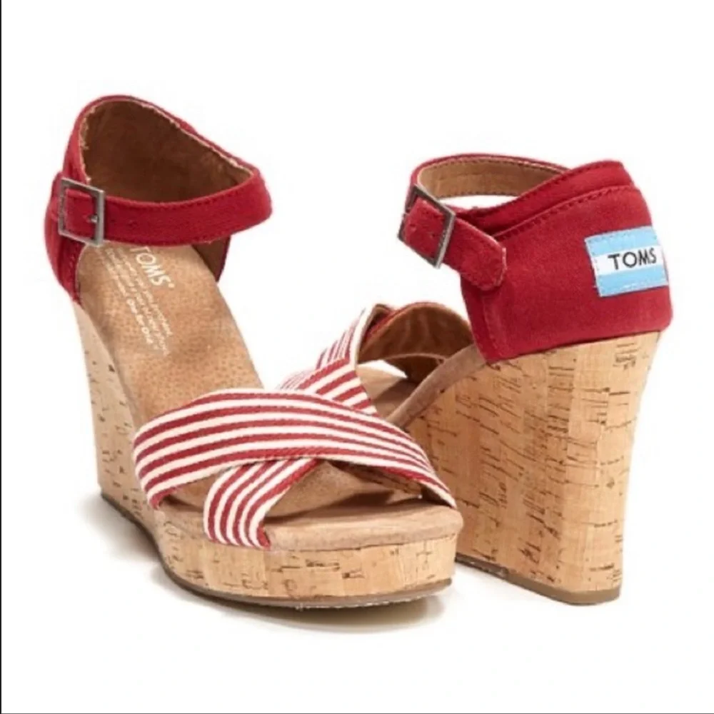 TOMS Multi Strap Red Striped Cork Wedges